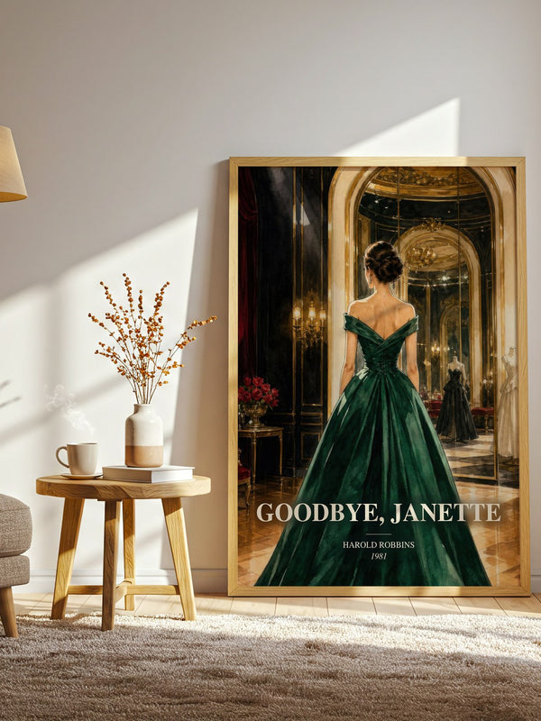 Goodbye, Janette watercolour print in frame leaning in hallway – contemporary fiction wall art
