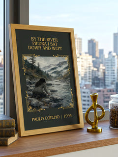 By The River Piedra I Sat Down And Wept Classic Book Art Print by Paulo Coelho – framed print on a city-view windowsill