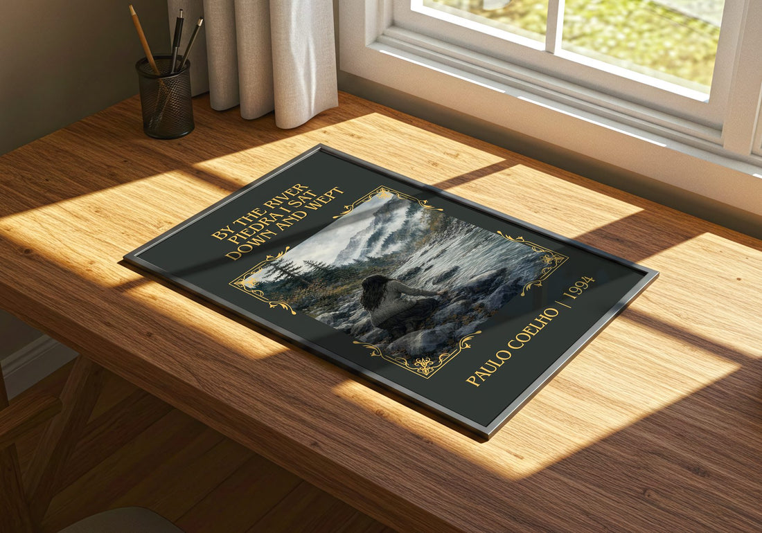 By The River Piedra I Sat Down And Wept Classic Book Art Print by Paulo Coelho – print on a sunlit desk