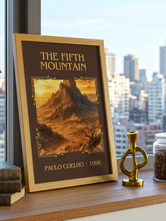 The Fifth Mountain Classic Book Art Print by Paulo Coelho – framed print on a city-view windowsill
