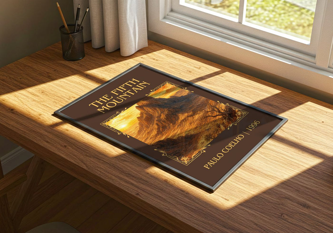 The Fifth Mountain Classic Book Art Print by Paulo Coelho – print on a sunlit desk