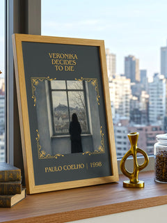 Veronika Decides To Die Classic Book Art Print by Paulo Coelho – framed print on a city-view windowsill
