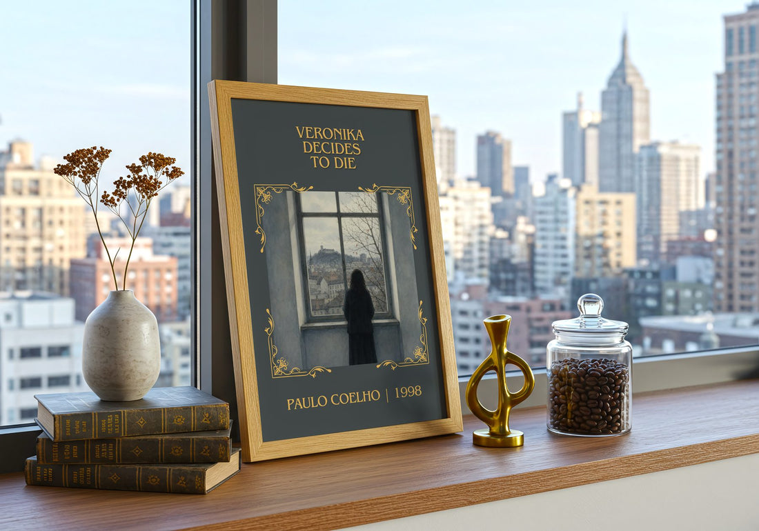Veronika Decides To Die Classic Book Art Print by Paulo Coelho – framed print on a city-view windowsill