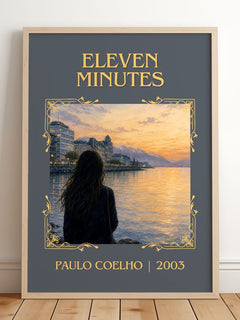 Eleven Minutes Classic Book Art Print by Paulo Coelho – framed print leaning on a wooden floor