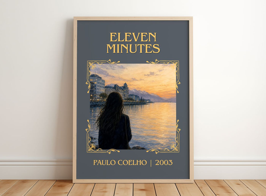 Eleven Minutes Classic Book Art Print by Paulo Coelho – framed print leaning on a wooden floor
