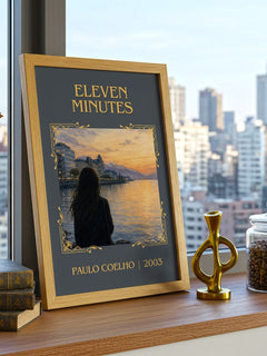 Eleven Minutes Classic Book Art Print by Paulo Coelho – framed print on a city-view windowsill