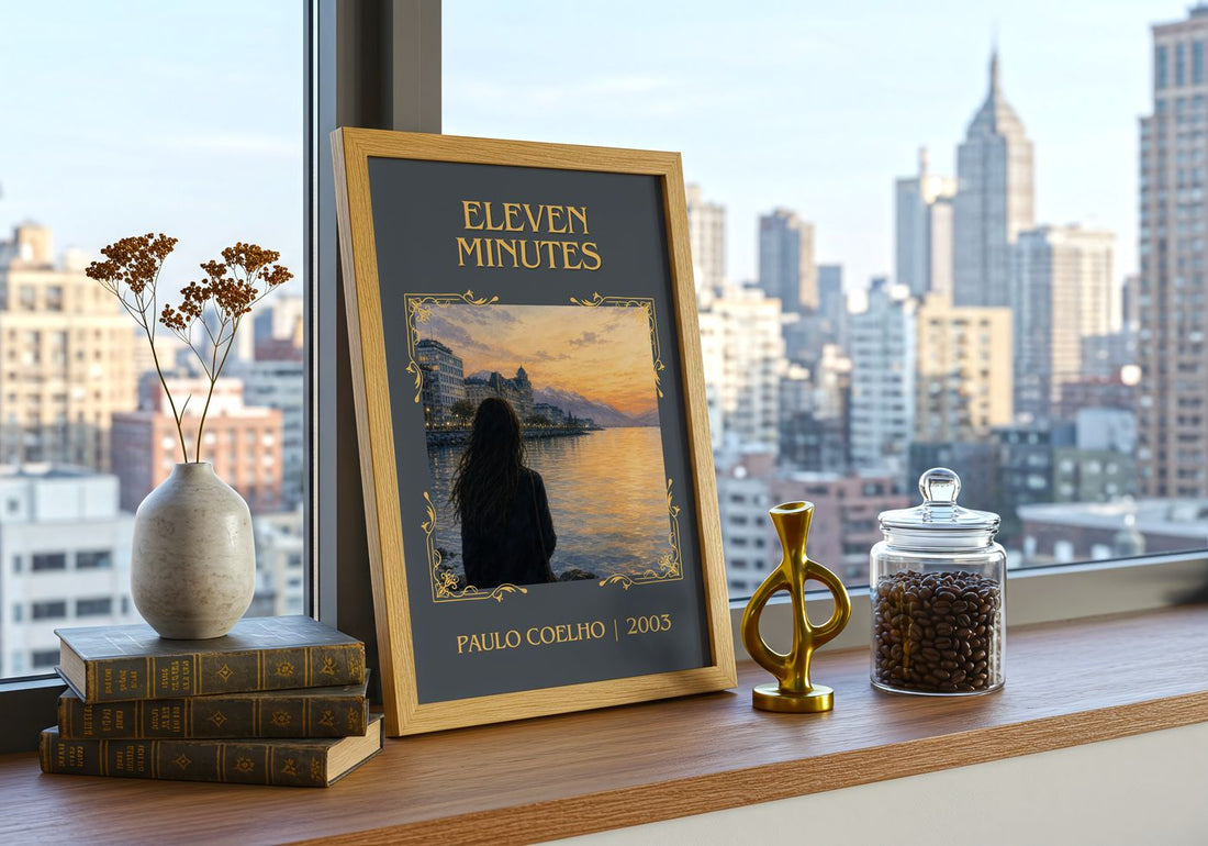 Eleven Minutes Classic Book Art Print by Paulo Coelho – framed print on a city-view windowsill