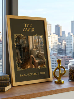 The Zahir Classic Book Art Print by Paulo Coelho – framed print on a city-view windowsill