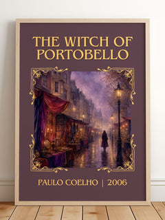 The Witch Of Portobello Classic Book Art Print by Paulo Coelho – framed print leaning on a wooden floor