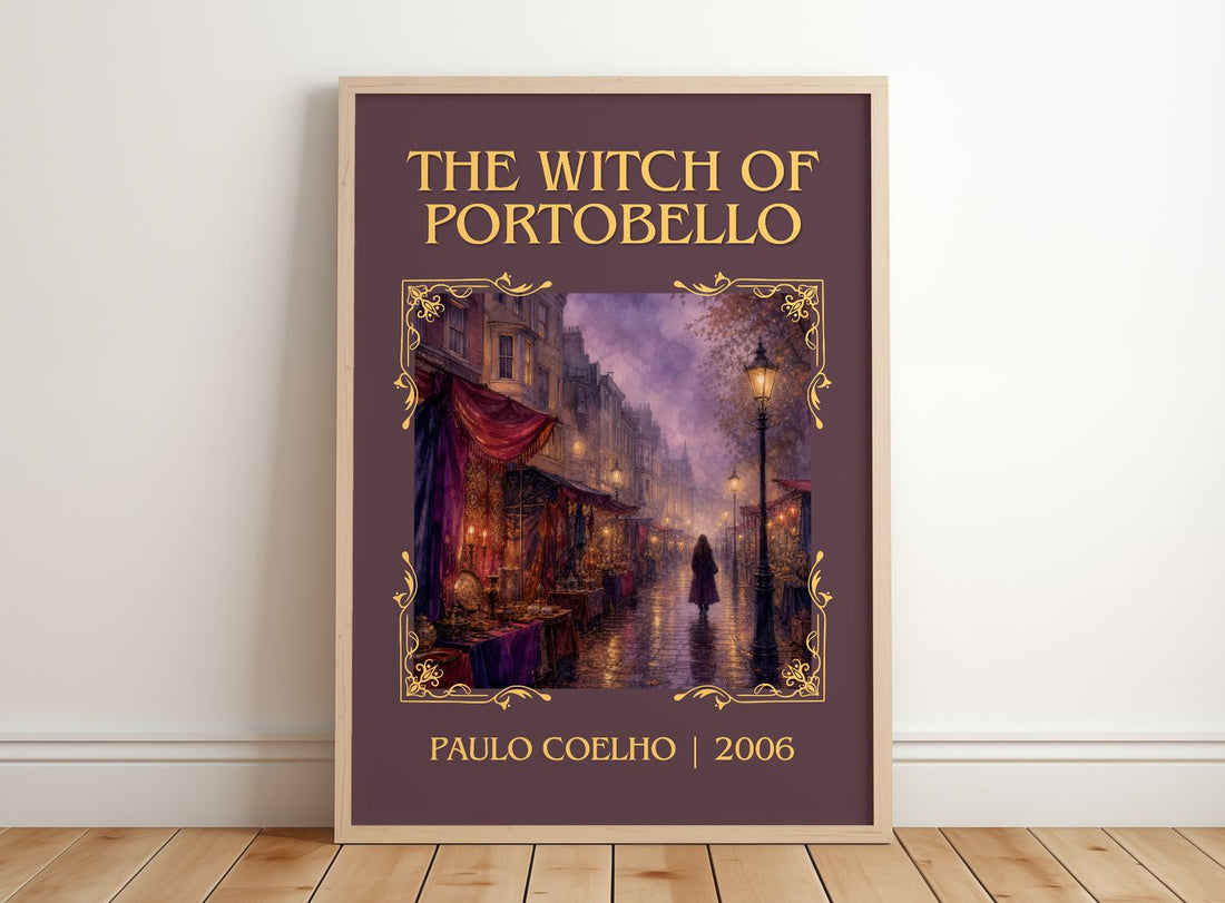 The Witch Of Portobello Classic Book Art Print by Paulo Coelho – framed print leaning on a wooden floor