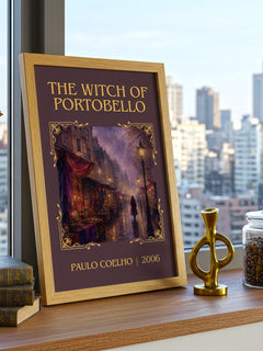 The Witch Of Portobello Classic Book Art Print by Paulo Coelho – framed print on a city-view windowsill