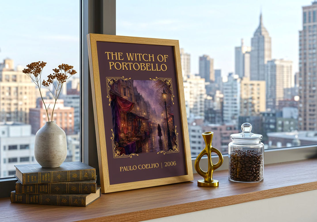 The Witch Of Portobello Classic Book Art Print by Paulo Coelho – framed print on a city-view windowsill