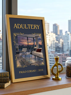 Adultery Classic Book Art Print by Paulo Coelho – framed print on a city-view windowsill