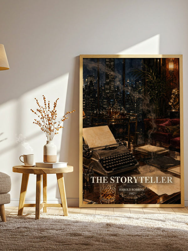 The Storyteller watercolour print in frame leaning in hallway – contemporary fiction wall art