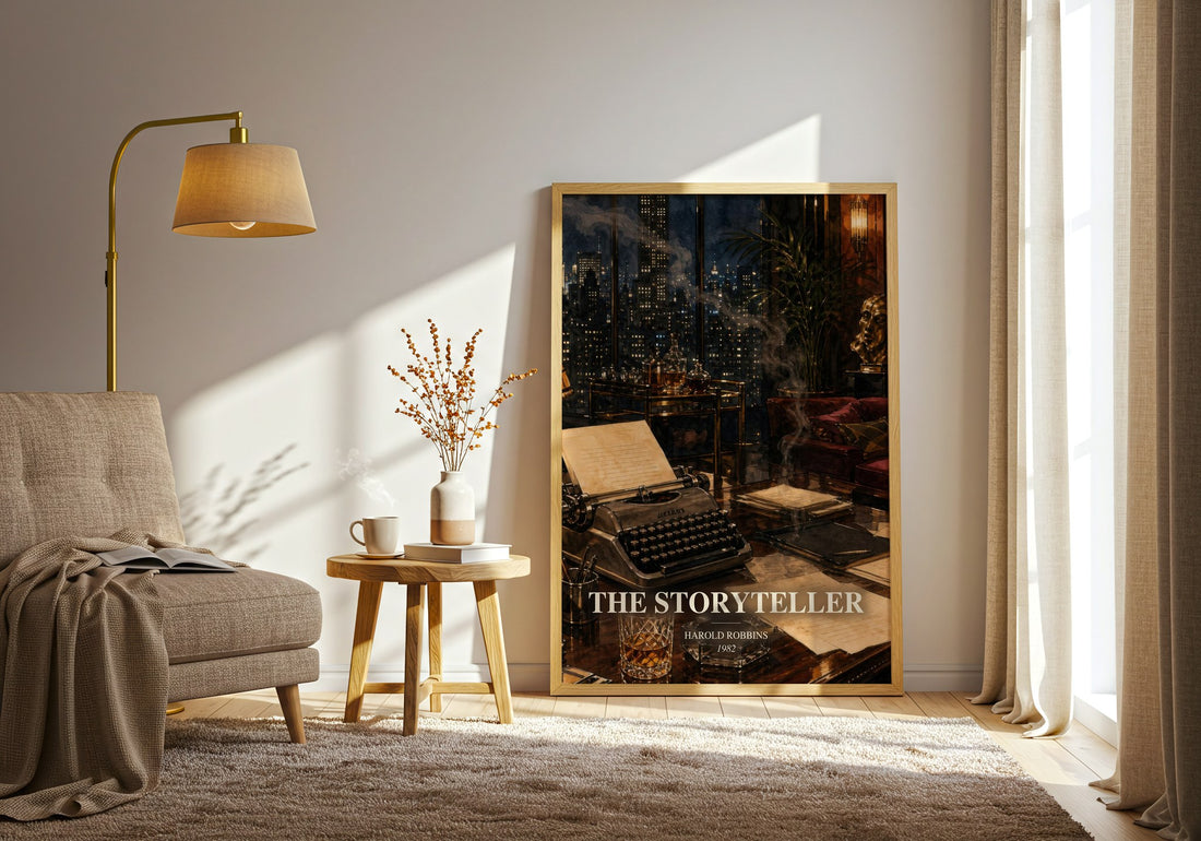 The Storyteller watercolour print in frame leaning in hallway – contemporary fiction wall art (mockup)
