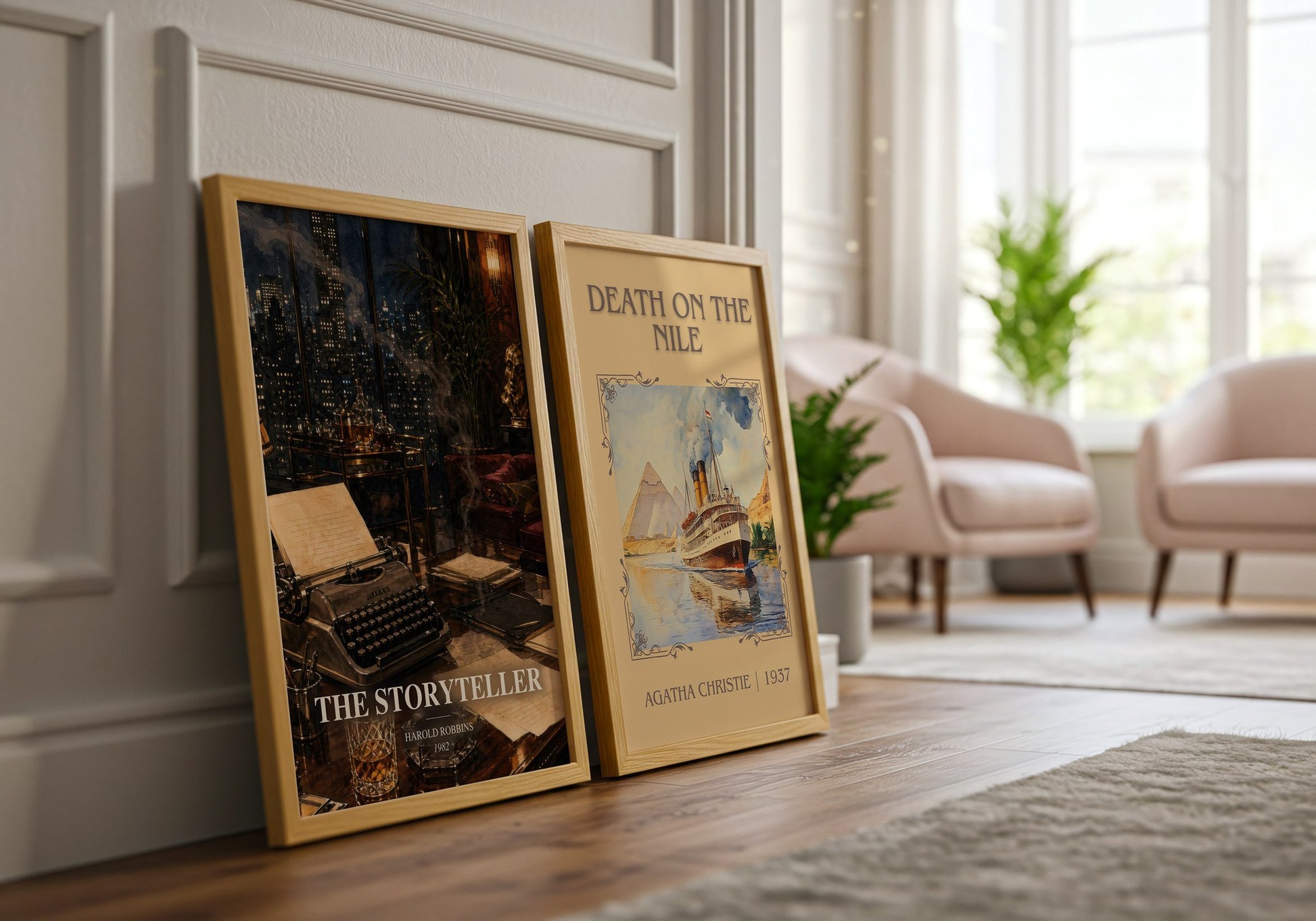 The Storyteller watercolour print framed by window – literary home decor