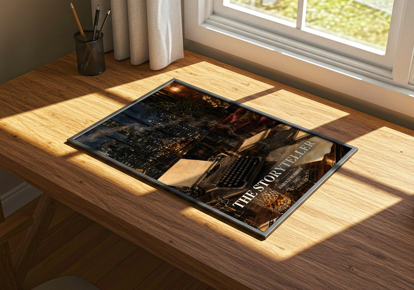 The Storyteller watercolour book poster framed on wall – contemporary fiction wall art