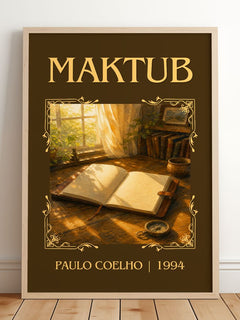 Maktub Classic Book Art Print by Paulo Coelho – framed print leaning on a wooden floor