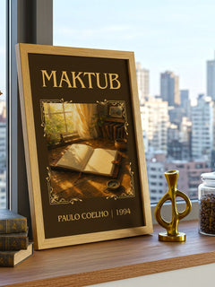 Maktub Classic Book Art Print by Paulo Coelho – framed print on a city-view windowsill