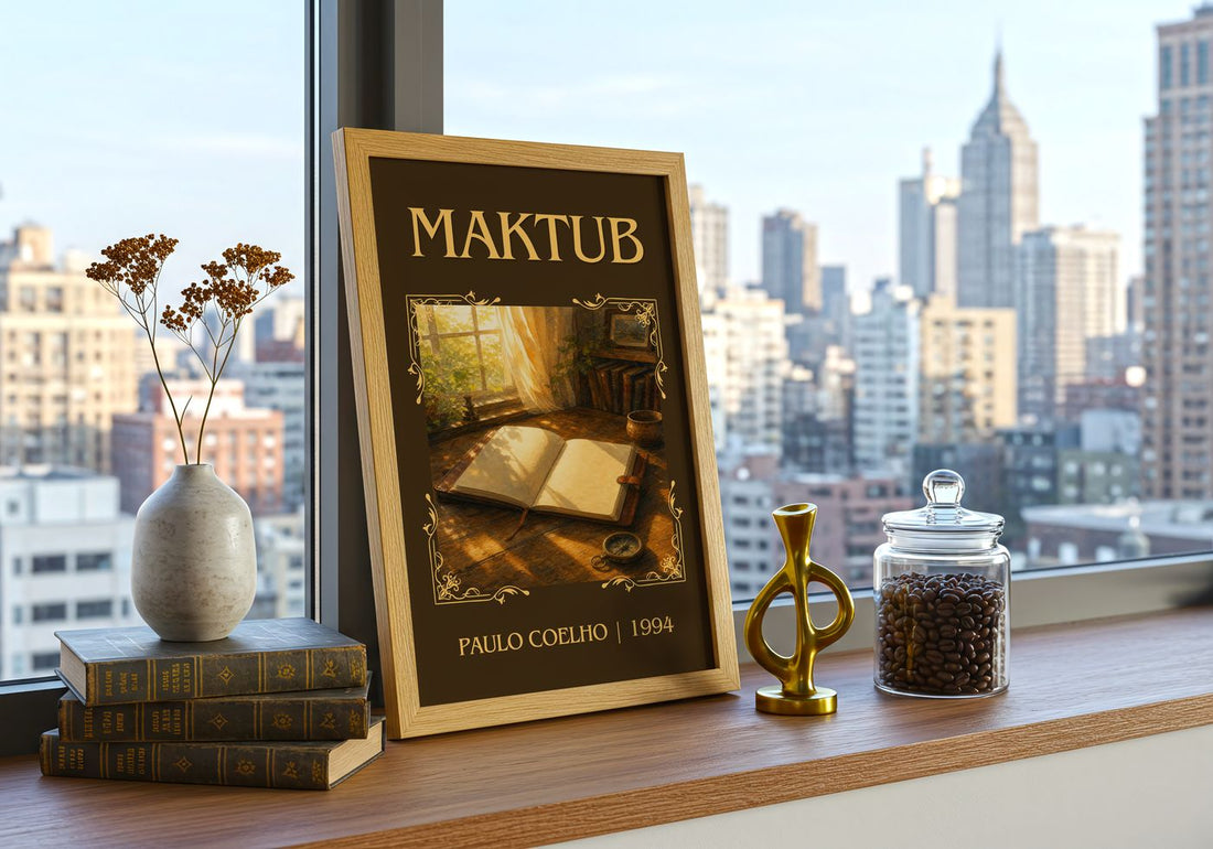 Maktub Classic Book Art Print by Paulo Coelho – framed print on a city-view windowsill