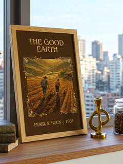 The Good Earth Classic Book Art Print by Pearl S. Buck – framed print on a city-view windowsill