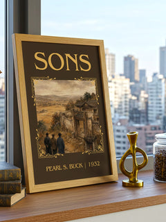 Sons Classic Book Art Print by Pearl S. Buck – framed print on a city-view windowsill