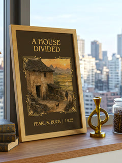 A House Divided Classic Book Art Print by Pearl S. Buck – framed print on a city-view windowsill