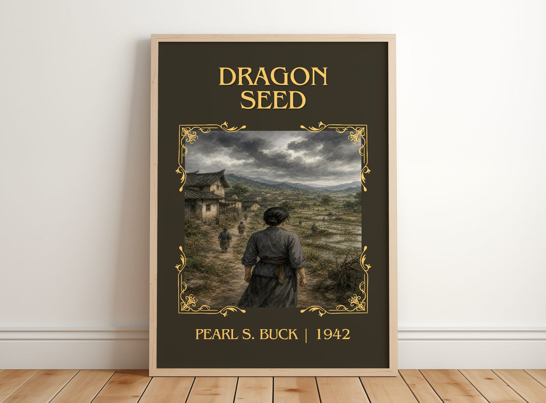 Dragon Seed Classic Book Art Print by Pearl S. Buck – framed print leaning on a wooden floor