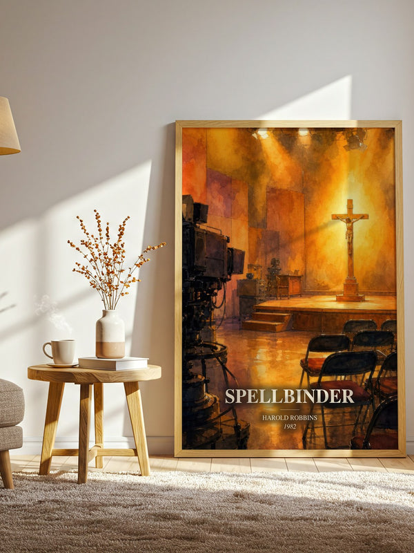 Spellbinder watercolour print in frame leaning in hallway – contemporary fiction wall art