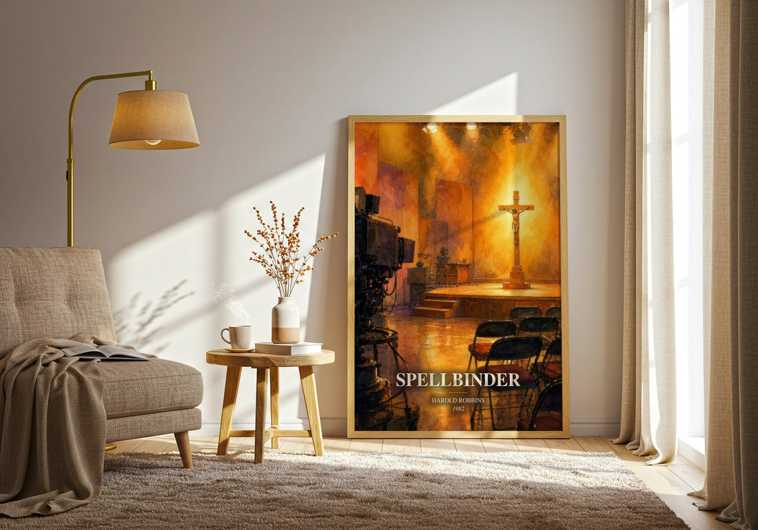 Spellbinder watercolour print in frame leaning in hallway – contemporary fiction wall art (mockup)