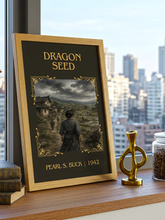 Dragon Seed Classic Book Art Print by Pearl S. Buck – framed print on a city-view windowsill
