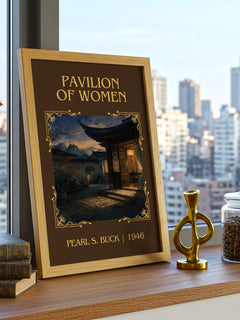 Pavilion Of Women Classic Book Art Print by Pearl S. Buck – framed print on a city-view windowsill