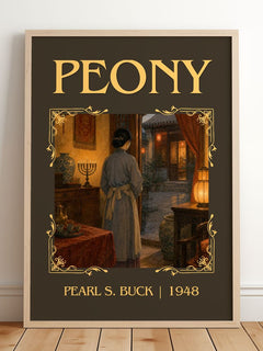 Peony Classic Book Art Print by Pearl S. Buck – framed print leaning on a wooden floor