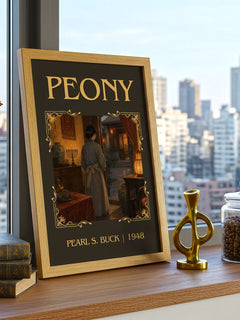 Peony Classic Book Art Print by Pearl S. Buck – framed print on a city-view windowsill