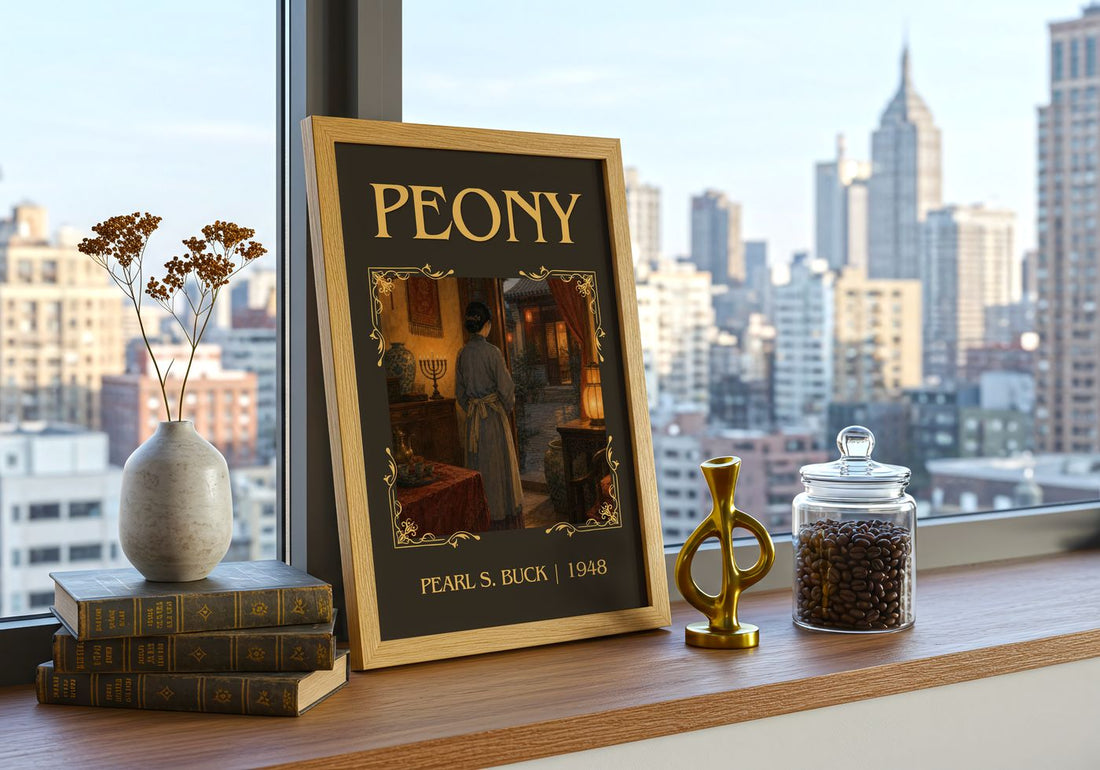 Peony Classic Book Art Print by Pearl S. Buck – framed print on a city-view windowsill