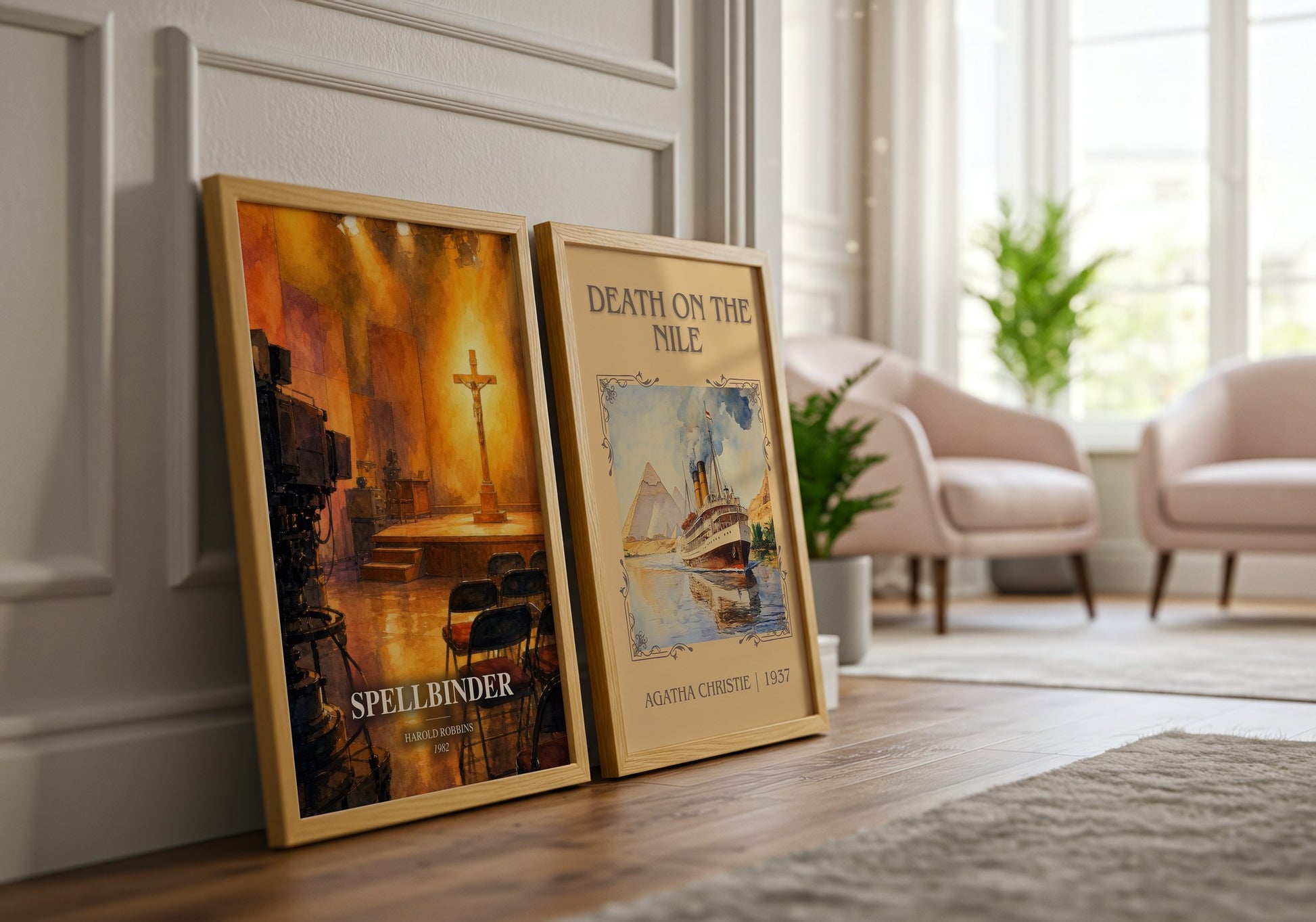 Spellbinder watercolour print framed by window – literary home decor