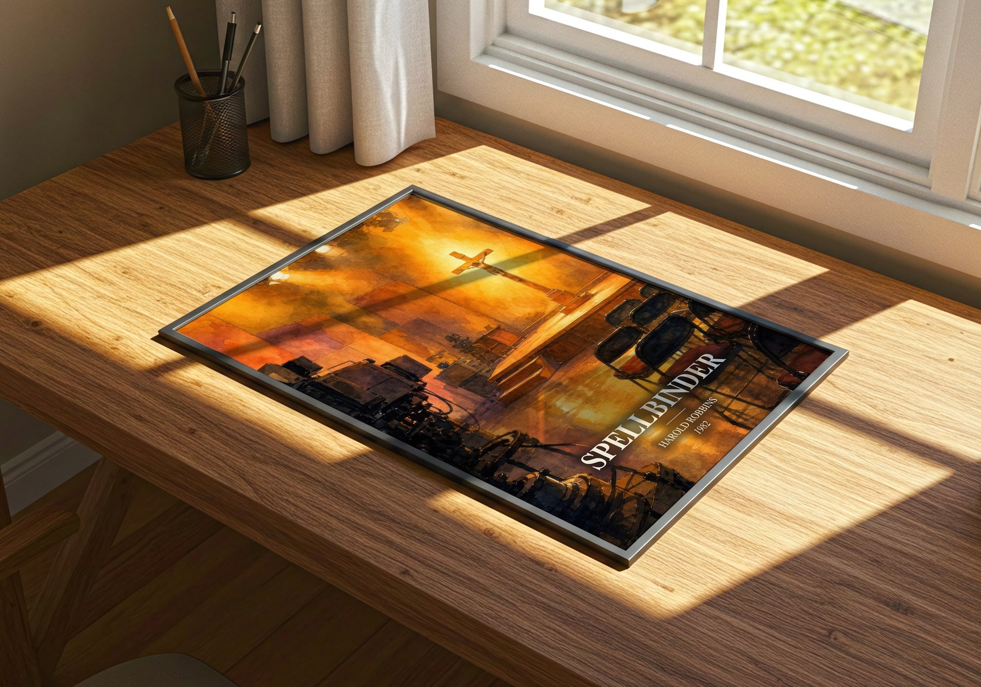 Spellbinder watercolour book poster framed on wall – contemporary fiction wall art