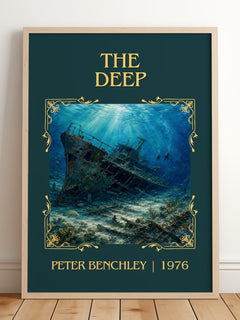 The Deep Classic Book Art Print by Peter Benchley – framed print leaning on a wooden floor