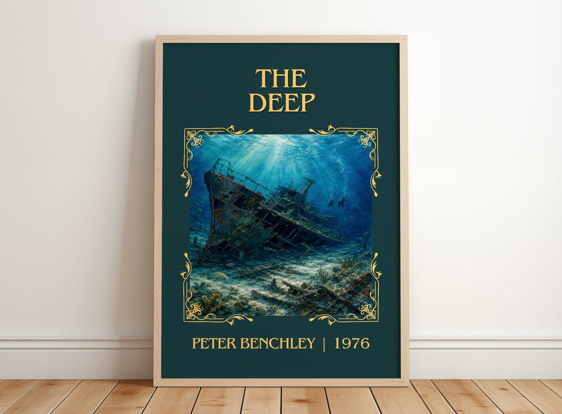 The Deep Classic Book Art Print by Peter Benchley – framed print leaning on a wooden floor