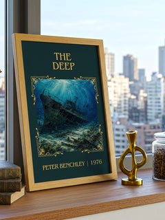 The Deep Classic Book Art Print by Peter Benchley – framed print on a city-view windowsill