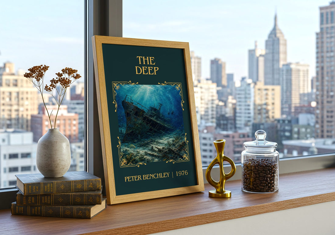 The Deep Classic Book Art Print by Peter Benchley – framed print on a city-view windowsill