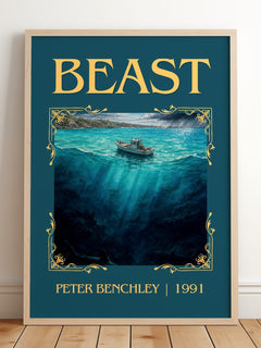 Beast Classic Book Art Print by Peter Benchley – framed print leaning on a wooden floor