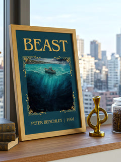 Beast Classic Book Art Print by Peter Benchley – framed print on a city-view windowsill