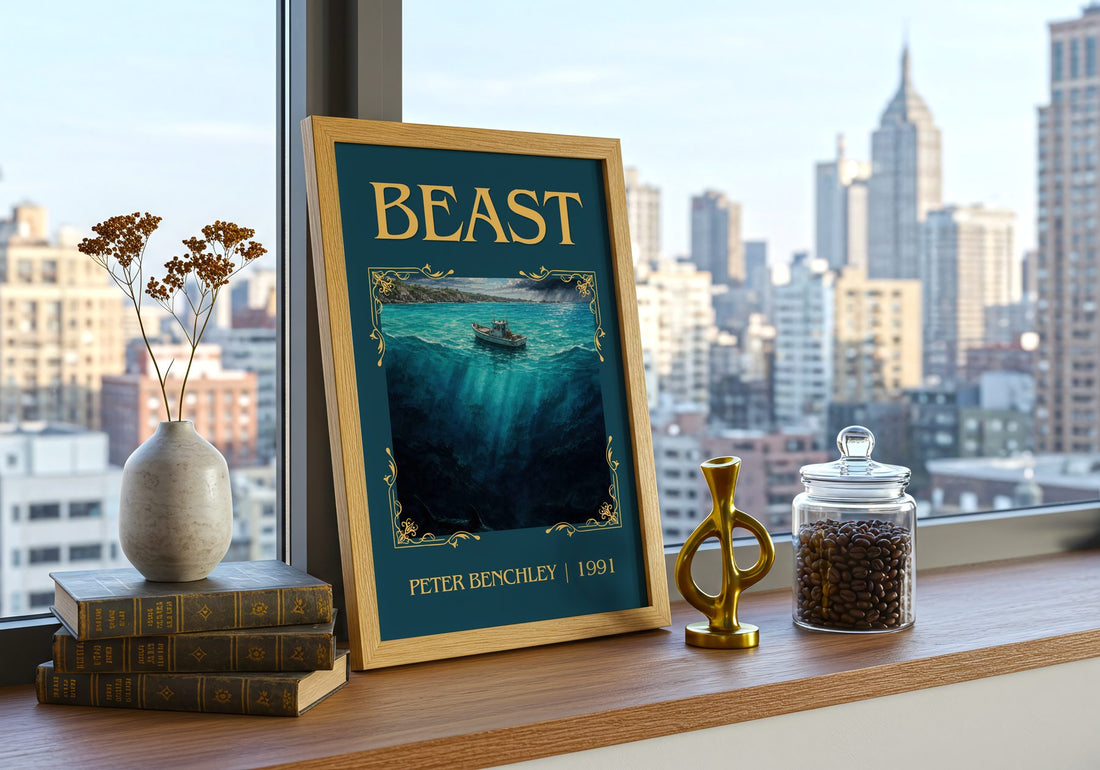 Beast Classic Book Art Print by Peter Benchley – framed print on a city-view windowsill
