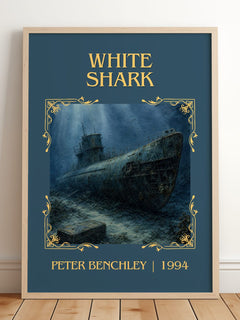 White Shark Classic Book Art Print by Peter Benchley – framed print leaning on a wooden floor