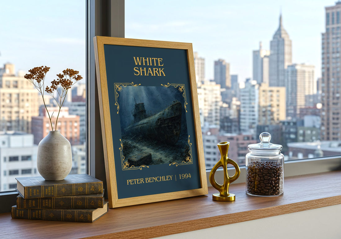 White Shark Classic Book Art Print by Peter Benchley – framed print on a city-view windowsill