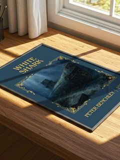 White Shark Classic Book Art Print by Peter Benchley – print on a sunlit desk