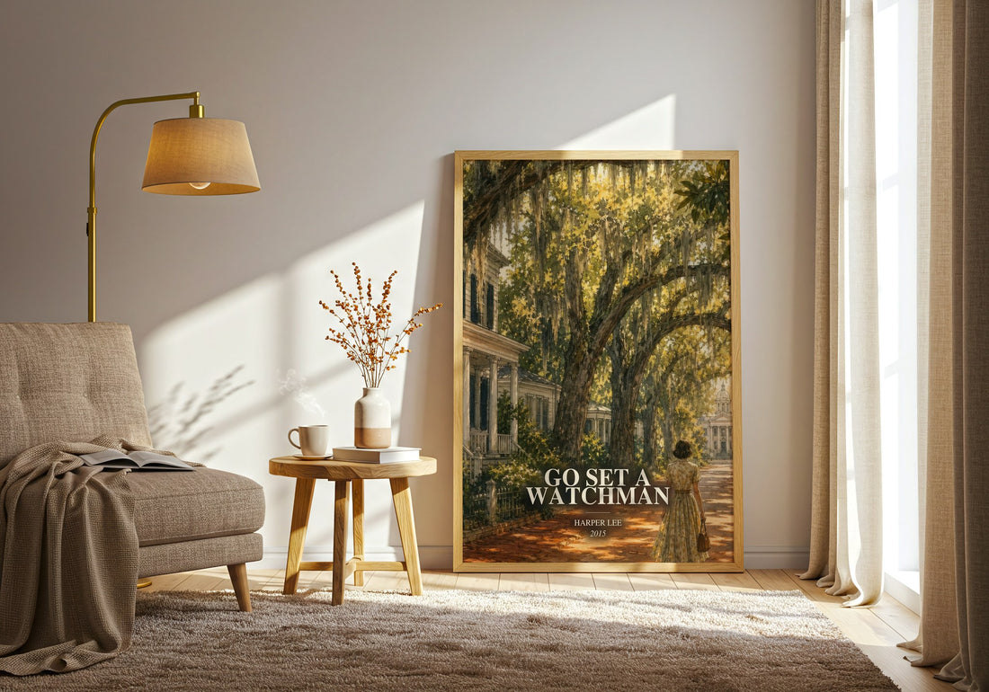 Go Set A Watchman watercolour print in frame leaning in hallway – literary fiction wall art (mockup)