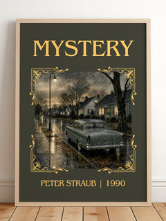 Mystery Classic Book Art Print by Peter Straub – framed print leaning on a wooden floor