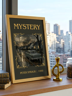 Mystery Classic Book Art Print by Peter Straub – framed print on a city-view windowsill